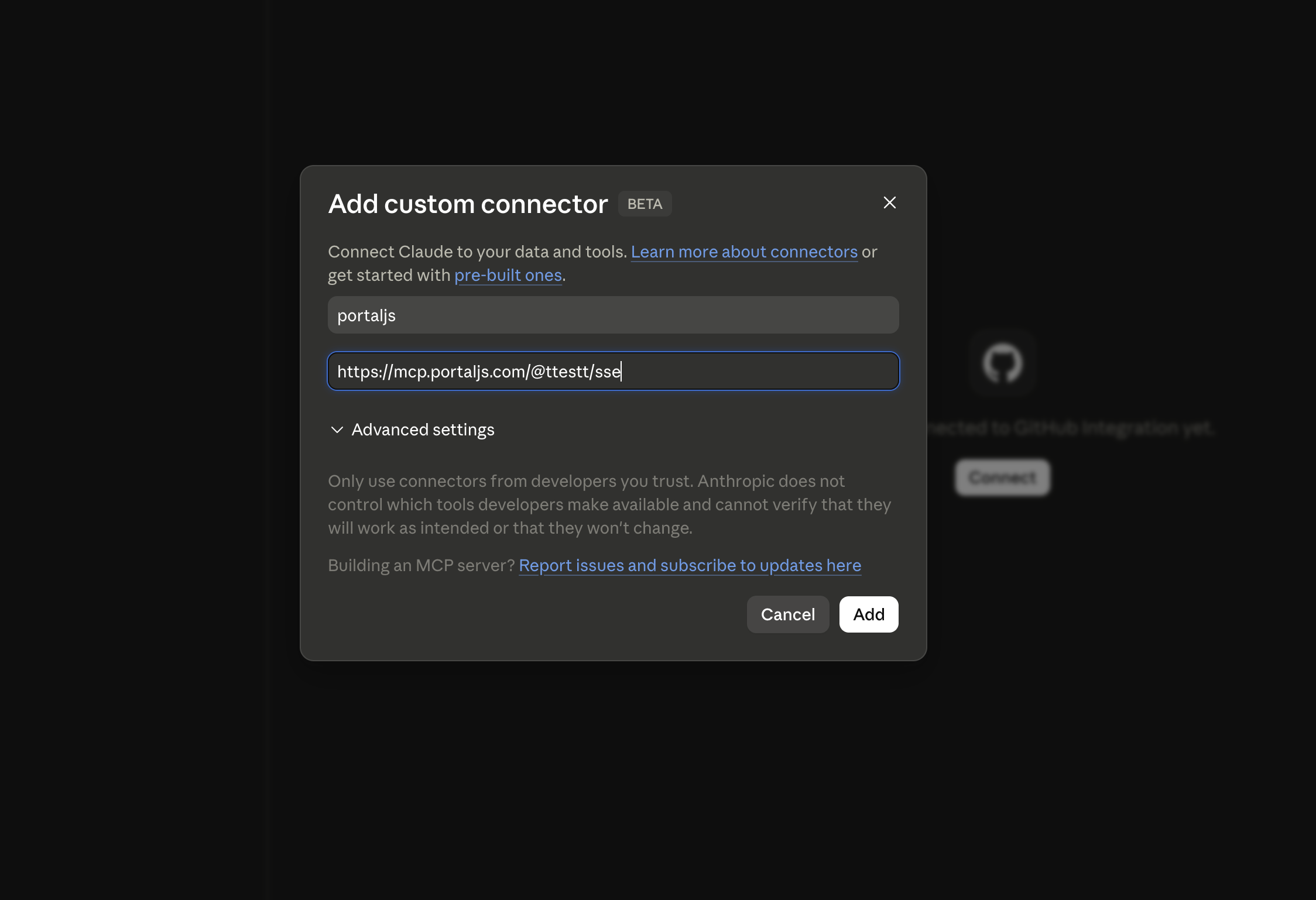 placeholder: Claude connector URL field